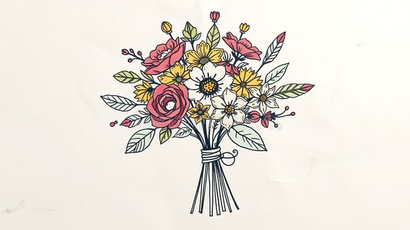 Burst of Whimsical Flowers Vintage Inspired Doodle Art Bouquet on Aged Paper Show Vibrice Colors and Intricate vektor abbildung
