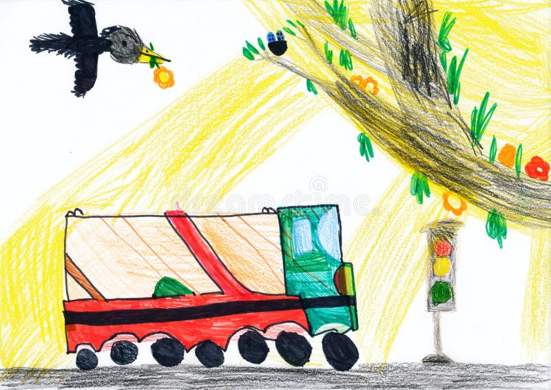 Bus Driving on a Road Child Drawing Stock Illustration Illustration