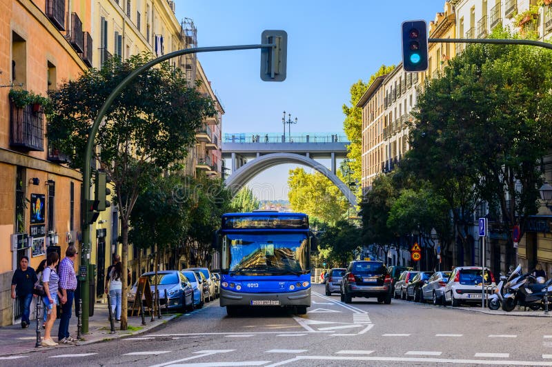 A bus going up Calle Segovia in Madrid royalty free stock image A bus going up Calle Segovia in Madrid royalty free stock image