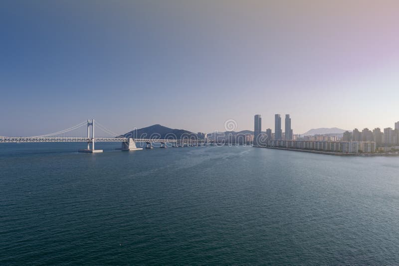 Scenic view of Busan Gwangandaegyo Bridge Diamond Bridge, a suspension bridge connecting Haeundae-gu to Suyeong-gu in Busan, South Korea. Scenic view of Busan Gwangandaegyo Bridge Diamond Bridge, a suspension bridge connecting Haeundae-gu to Suyeong-gu in Busan, South Korea