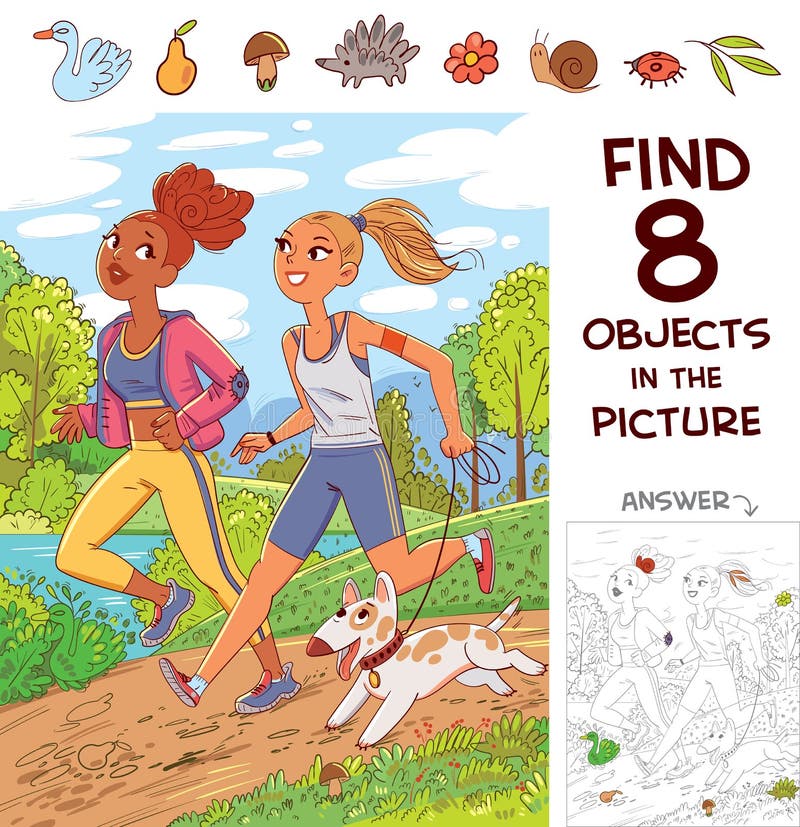 Buscar 8 objetos en la imagen. dos niñas trotando con un perro