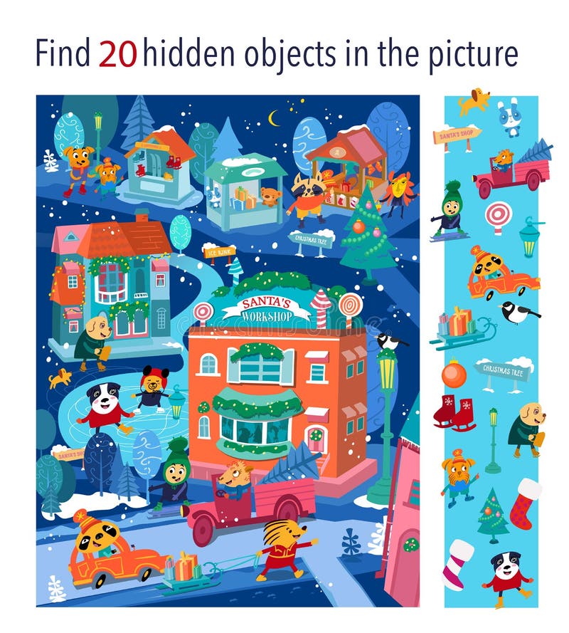 Buscar 20 objetos ocultos en la imagen. pueblo de navidad con personajes y edificios bonitos. juego infantil. actividades