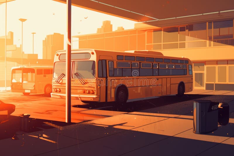 Buses Parked at Bus Station at Sunset, Created Using Generative Ai