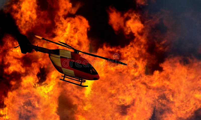 Search and rescue helicopter flying by a bushfire. Search and rescue helicopter flying by a bushfire