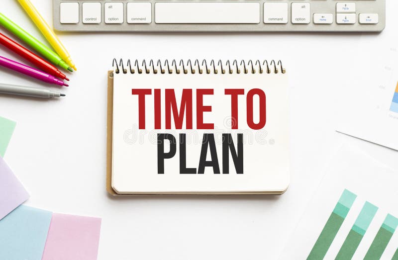 Businesman hold notepad with text TIME TO PLAN. White background. Business stock image