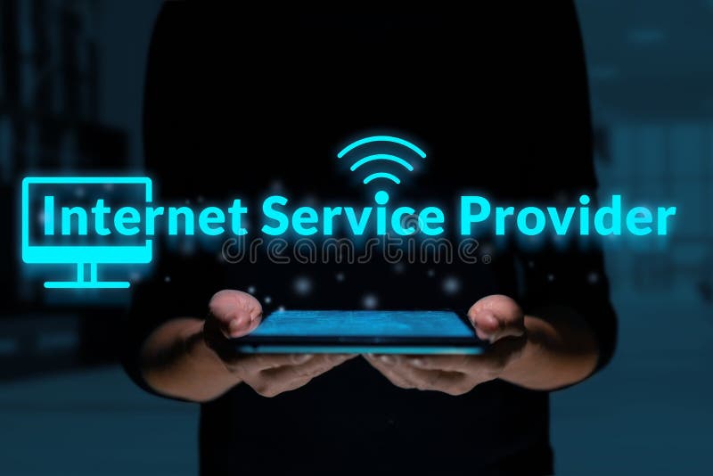 Business acronym ISP or Internet Service Provider. Person holding a tablet