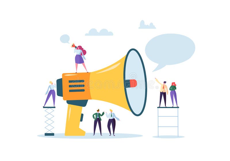 Business Advertising Promotion. Loudspeaker Talking to the Crowd. Big Megaphone and Flat People Characters Advertisement stock illustration Business Advertising Promotion. Loudspeaker Talking to the Crowd. Big Megaphone and Flat People Characters Advertisement stock illustration