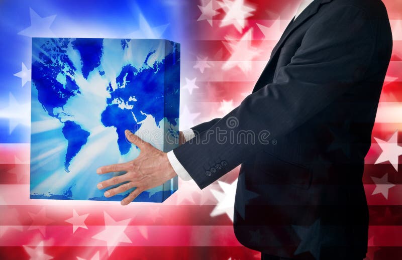A business man in a suit holding a box with a world map and abstract American flag background. A business man in a suit holding a box with a world map and abstract American flag background.