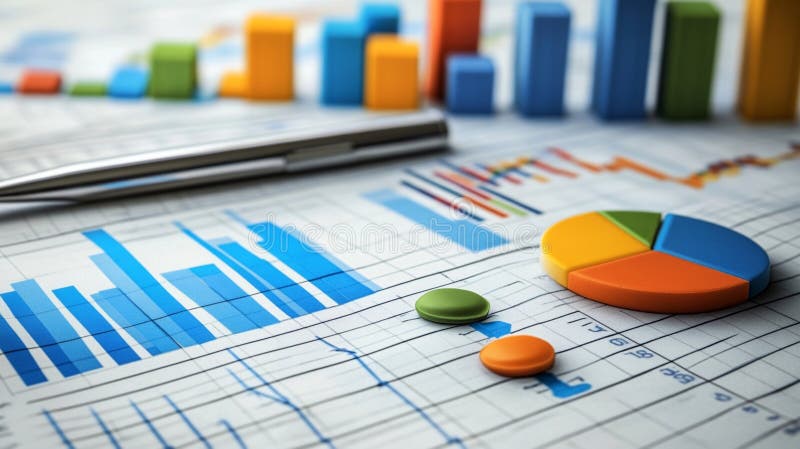 Business analysis with colorful charts and graphs on a desk showcasing market trends and data insights vector illustration