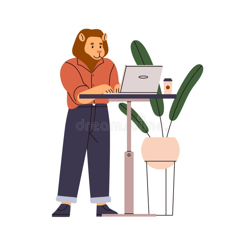 Business animal works at laptop. Anthropomorphic lion employee standing at table. Office worker at desk with notebook vector illustration