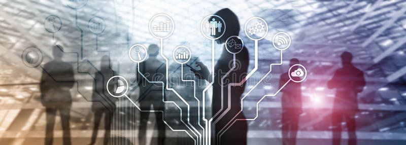Business applications icons on blurred background. Financial and trading. Internet technology concept stock illustration Business applications icons on blurred background. Financial and trading. Internet technology concept stock illustration