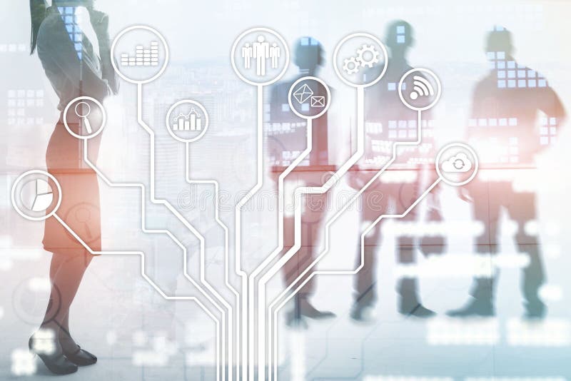 Business applications icons on blurred background. Financial and trading. Internet technology concept. royalty free illustration Business applications icons on blurred background. Financial and trading. Internet technology concept. royalty free illustration