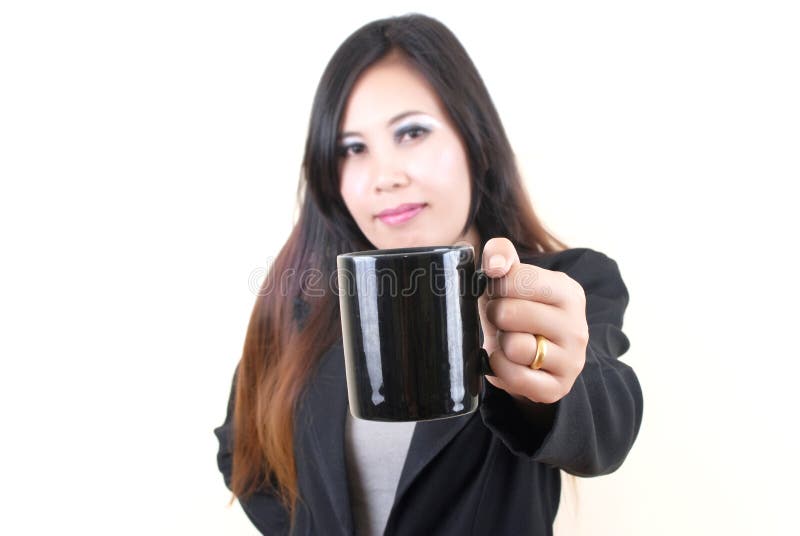 Business asian lady holding coffee cup. stock photography