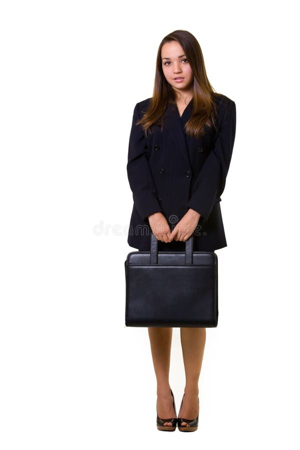 Young Woman in Business Attire, Carrying Briefcase and Holding F Stock