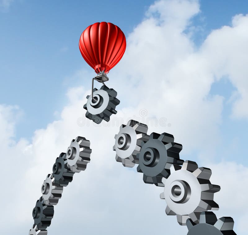 Business bridge building with a red hot air balloon lifting a gear up to the sky to construct and complete a bridged chain of cogs connected together as a result of strategy and planning for success.