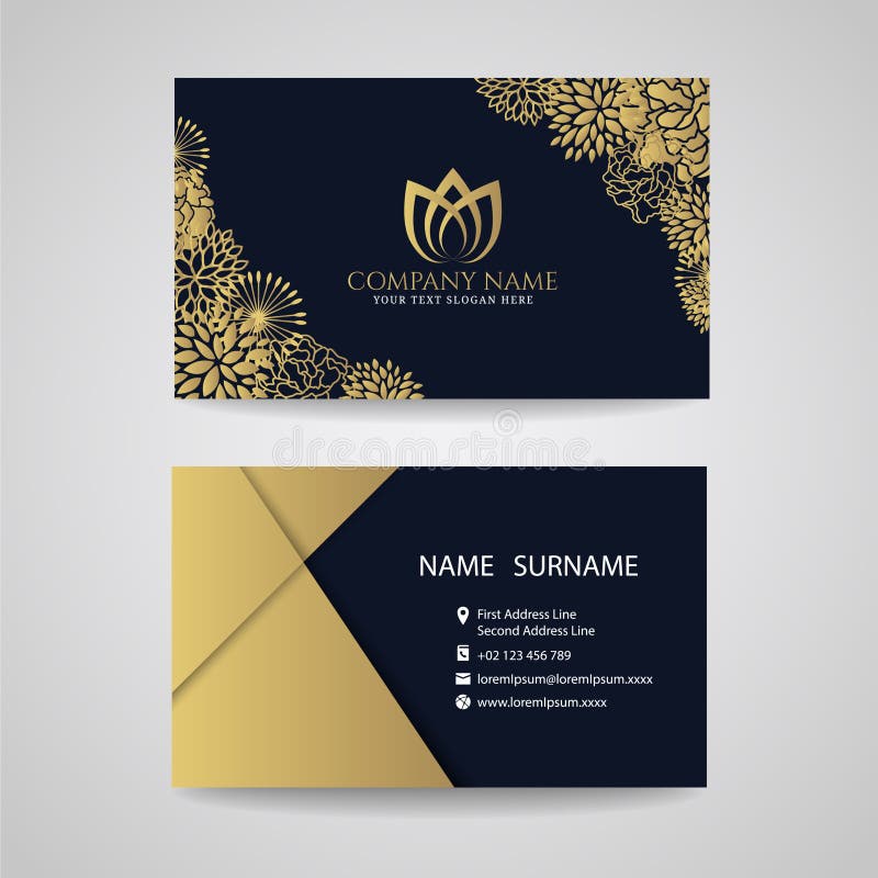 Business card - gold floral frame and lotus logo and gold paper on dark blue background stock illustration
