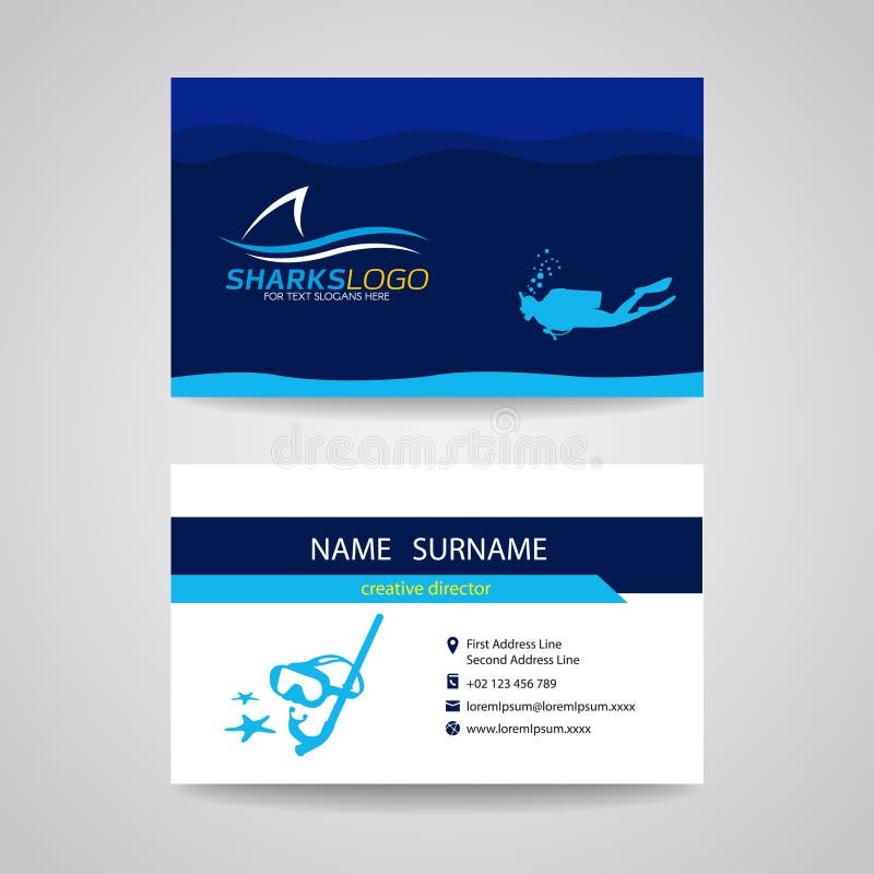 Business card of Scuba Diving and shark blue vector design vector illustration