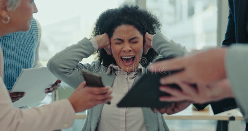 Business Chaos and Woman Screaming in Office with Multitasking Fail Business Chaos and Woman Screaming in Office with Multitasking Fail
