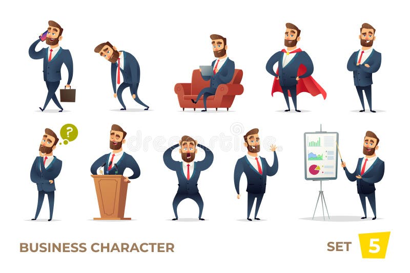 Businessman collection. Bearded charming business men in different situations. Manager character design.