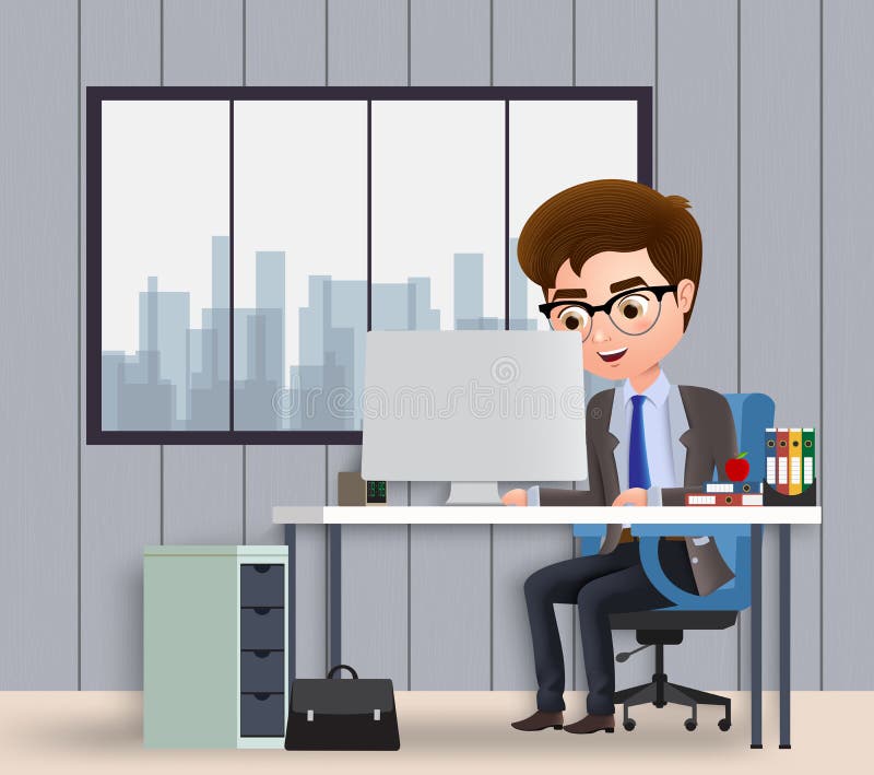 Business character working computer job vector concept. Business male character office employee. vector illustration