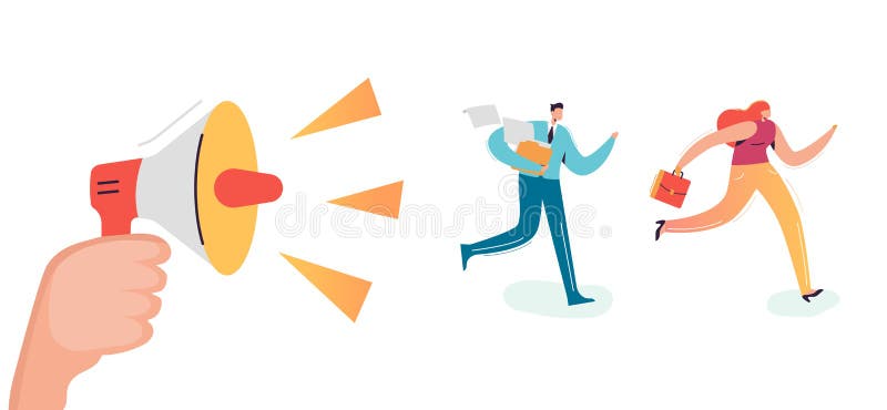 Business Characters Running to Work Office. Boss Shouting in Loudspeaker Employees Rush. Deadline Overtime Concept vector illustration