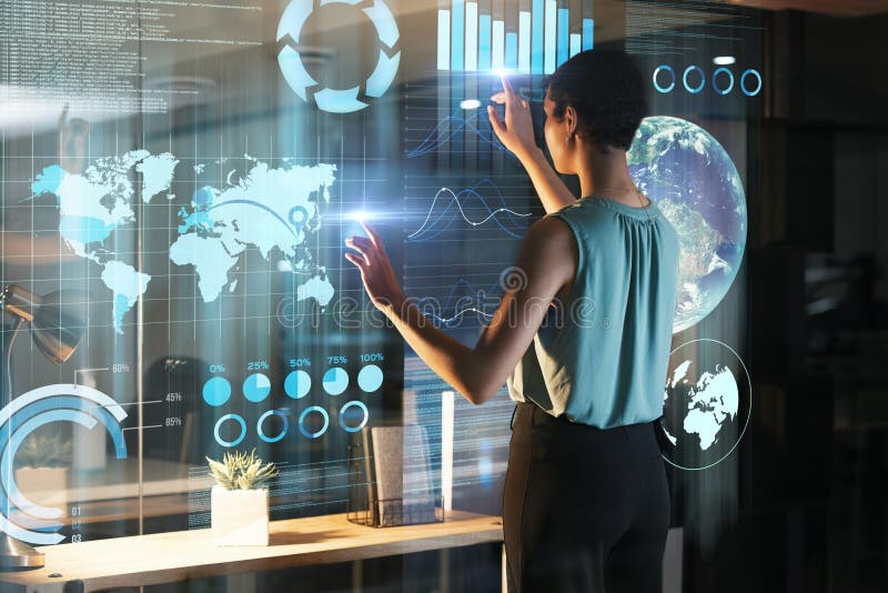 Business chart, future hologram and woman pointing at finance dashboard, stock market database or night back view. Forex