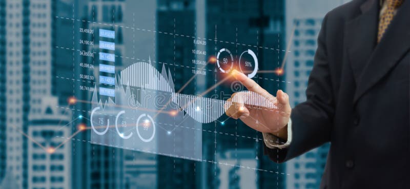 Business chart and graph. Businessman touching virtual hologram. business technology concept royalty free stock photo