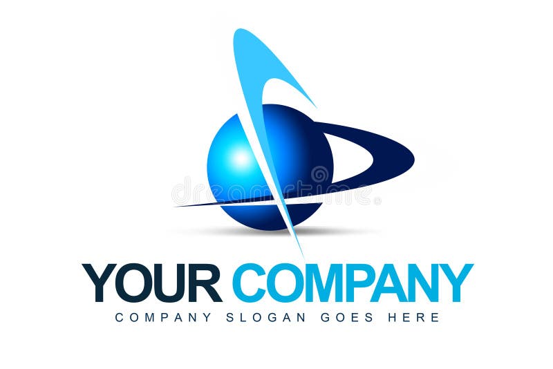 An illustration of a business company logo representing a blue sphere and swashes. Blue square logo illustrations