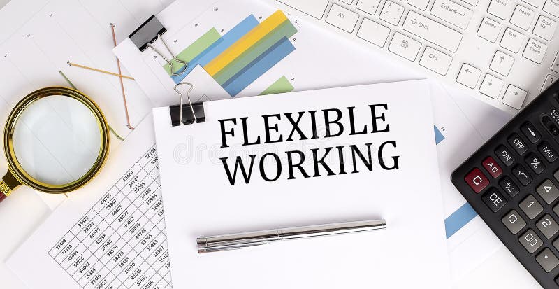 Business concept. Paper with text FLEXIBLE WORKING , near a calculator and charts stock photography
