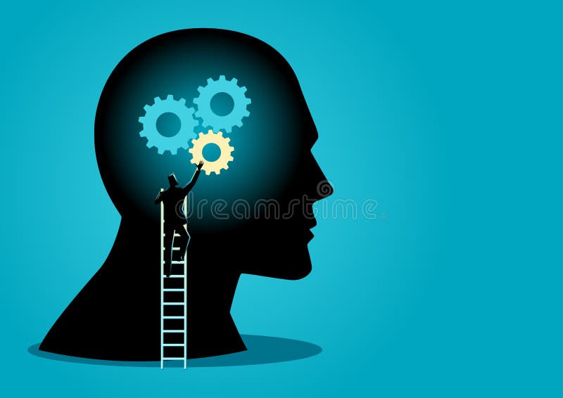 Drawing of Side view of a thoughtful, thinking, finding solution man with  gear mechanism 9194138 Vector Art at Vecteezy