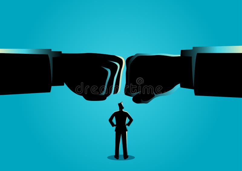 Businessman watching two giant fist clashed stock illustration Businessman watching two giant fist clashed stock illustration