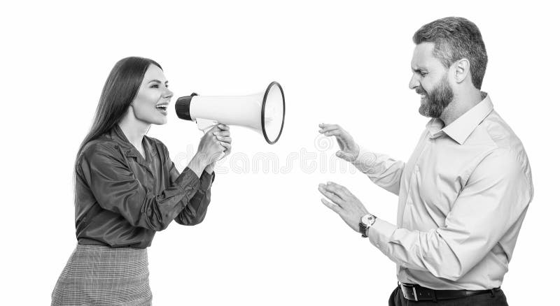 Business conflict. businesswoman shouting on employee in loudspeaker isolated on white. business boss has conflict with partner royalty free stock images