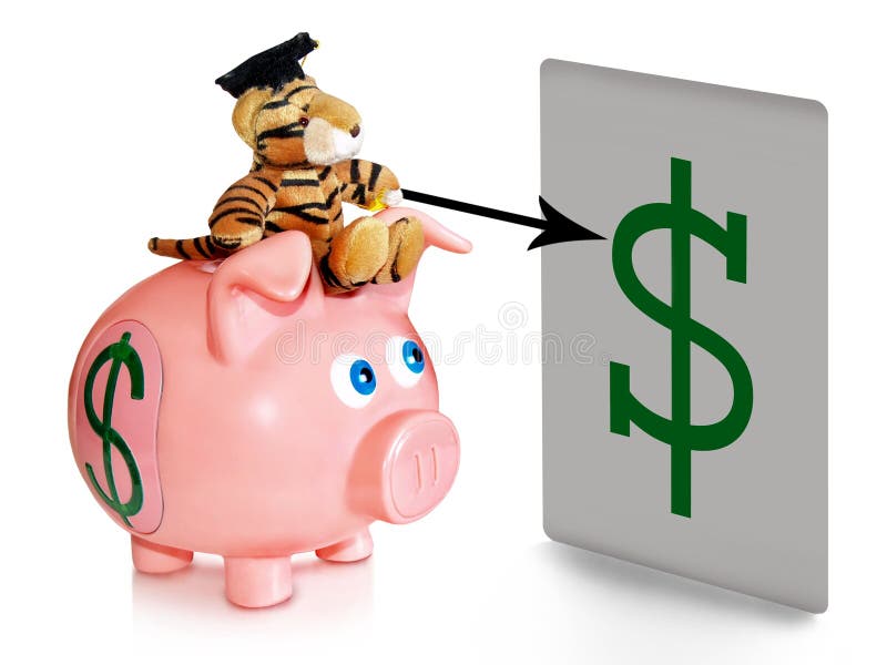 A piggy bank with a dollar sign and a mascot with a college hat on white background. A piggy bank with a dollar sign and a mascot with a college hat on white background.