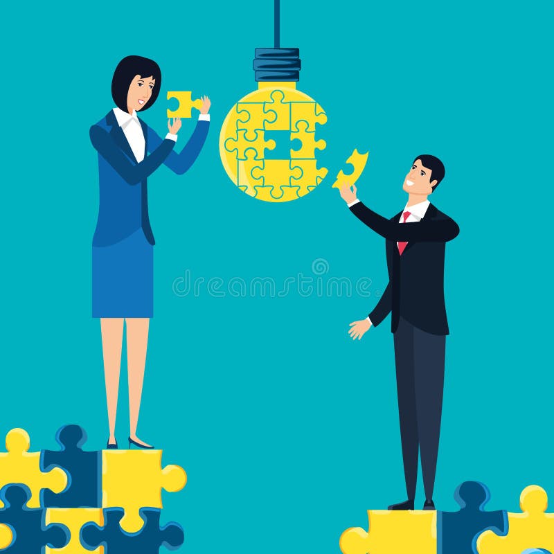 Business couple with puzzle pieces in shape light bulb royalty free illustration