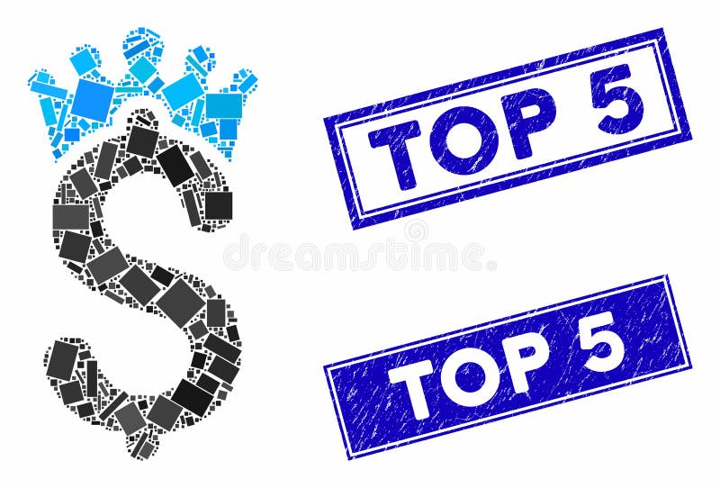 Business Crown Mosaic and Scratched Rectangle Top 5 Seals vector illustration