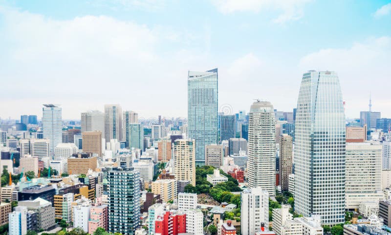 Panoramic modern city skyline bird eye aerial view with blue sky in Tokyo, Japan