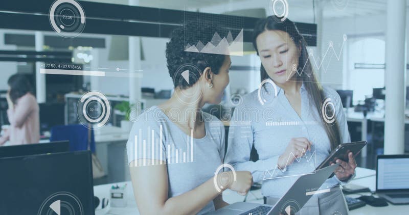 Business data analytics image over two women discussing information on tablet royalty free stock photos