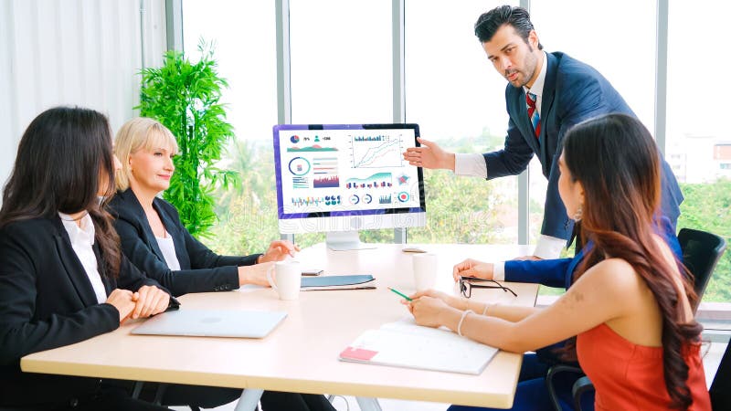 Business data dashboard analysis by ingenious computer software. Investment application display business sales and profit on the computer screen and advise marketing planning decision.
