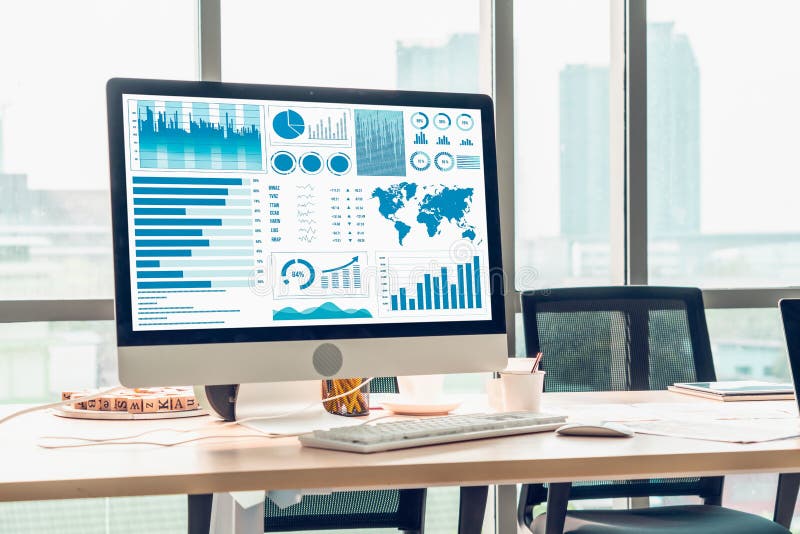 Business data dashboard analysis by ingenious computer software. Investment application display business sales and profit on the computer screen and advise marketing planning decision.