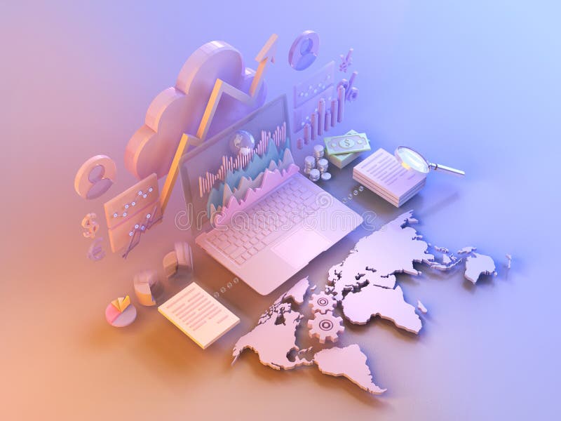 Business data market elements, charts, graphs, diagrams with world map. stock images