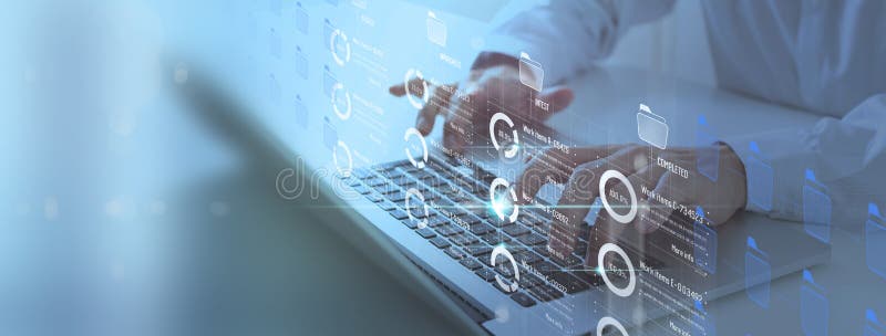 Business developer hand using Kanban board framework on virtual modern computer showing innovation Agile software development lean royalty free stock photo