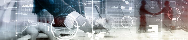 Business digital interface with graphs, charts, icons and timeline on blurred background. Website header banner royalty free illustration Business digital interface with graphs, charts, icons and timeline on blurred background. Website header banner royalty free illustration