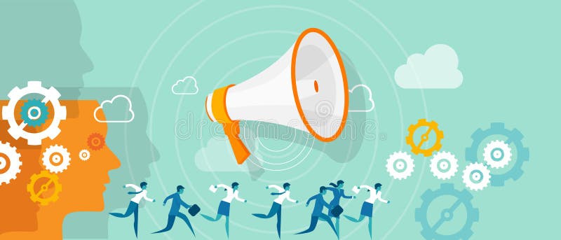 Business direction leadership marketing team. Business direction leadership gear megaphone leader company heading toward wrong sirection vector illustration Business direction leadership marketing team. Business direction leadership gear megaphone leader company heading toward wrong sirection vector illustration