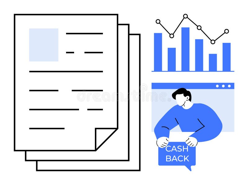 Business Documents and Analytics with Cashback Offer stock illustration