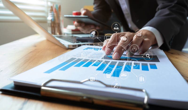 Business documents on the desk with a notebook and business graph graph with office. vector illustration