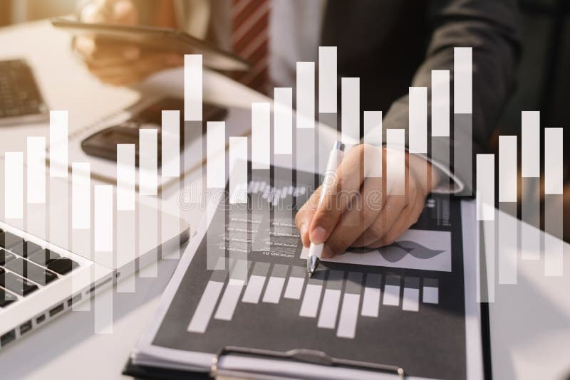 Business documents on the desk with a notebook and business graph graph with office. vector illustration