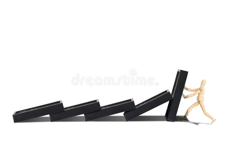Wooden figure mannequin protect row of dominoes failing isolated on white background. royalty free stock photo Wooden figure mannequin protect row of dominoes failing isolated on white background. royalty free stock photo