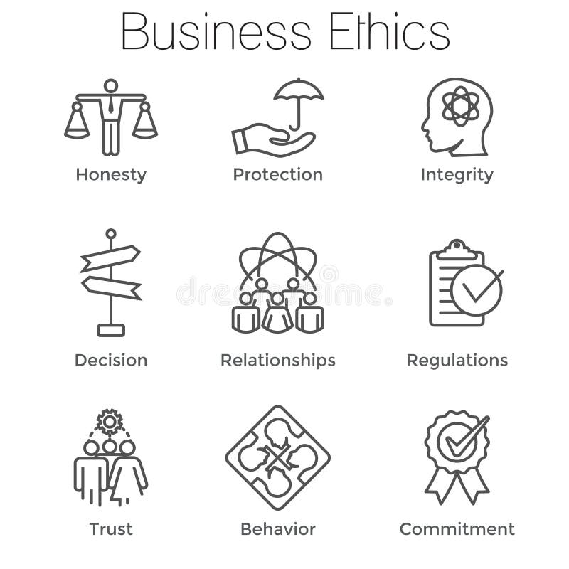 Business Ethics Outline Icon Set w Honesty, Integrity, Commitment, & Decision