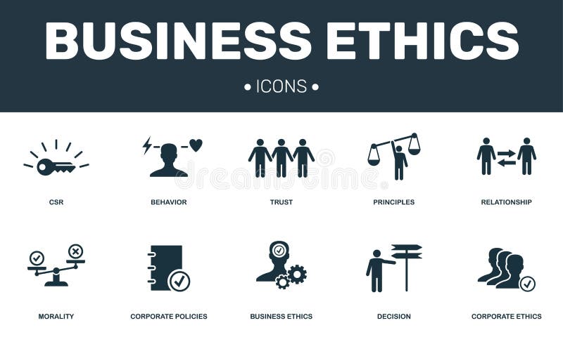 Business Ethics set icons collection. Includes simple elements such as CSR, Behavior, Trust, Principles and Morality stock illustration Business Ethics set icons collection. Includes simple elements such as CSR, Behavior, Trust, Principles and Morality stock illustration