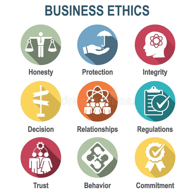 Business Ethics Solid Icon Set with Honesty, Integrity, Commitment, and Decision